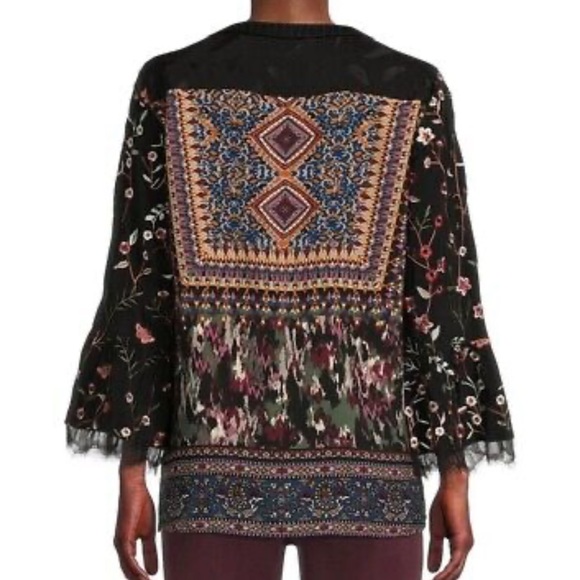 John Mark Floral Embroidered Multi Print Split Neck Wide 3/4 Sleeve Tunic. - Picture 2 of 13